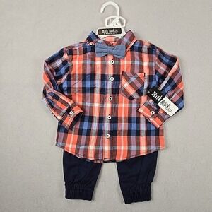 Mick‎ Mack LTD 2-Piece Baby Boy Outfit 12M Plaid Shirt & Navy Pant Set w/Bow Tie